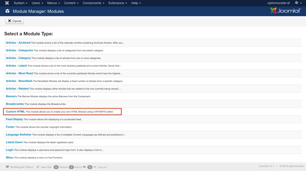 Select Custom HTML when adding a new Module.