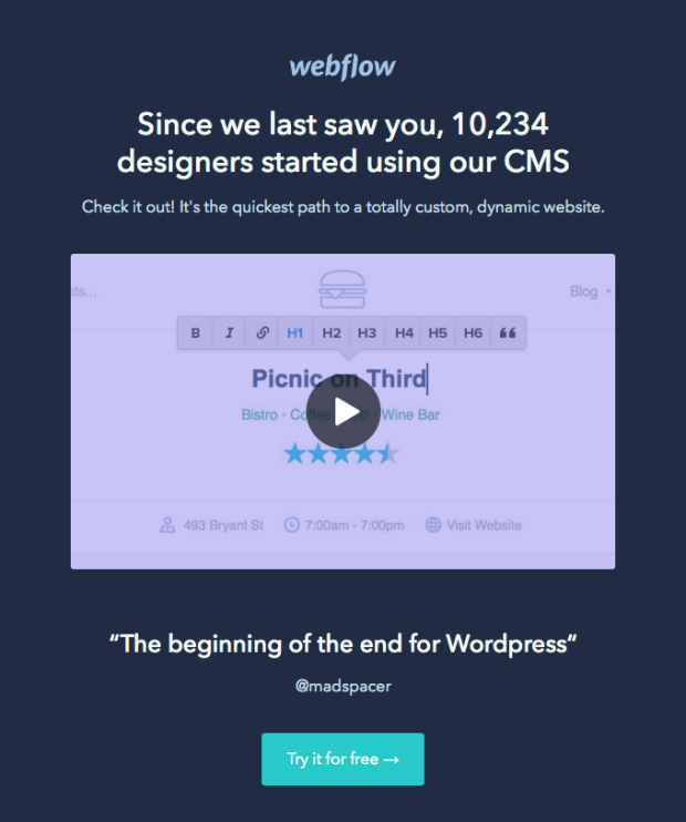 Webflow miss you email