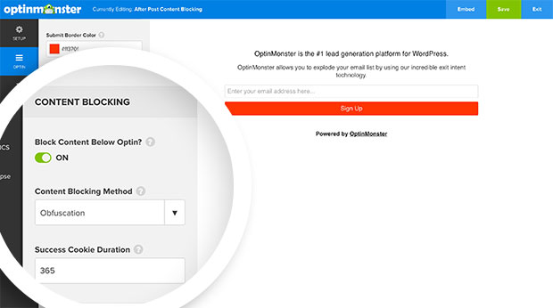 Configure the Content Blocking options for your After Post / Inline optin in the Optin panel of the builder.