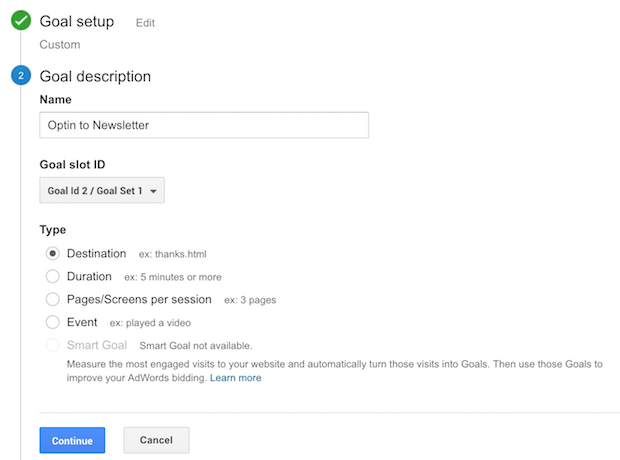 google analytics goal description