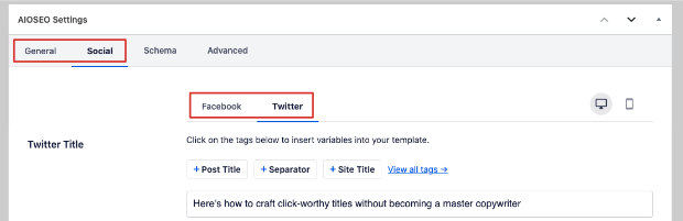 Twitter title in AIOSEO