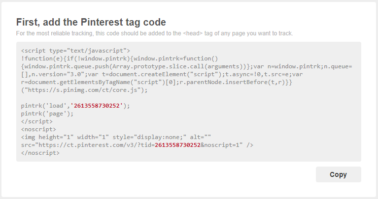 Add the Pinterest tag code to the head of your page.