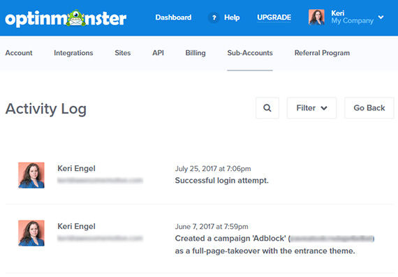 optinmonster sub-accounts activity log
