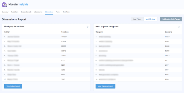 monsterinsights custom dimensions report