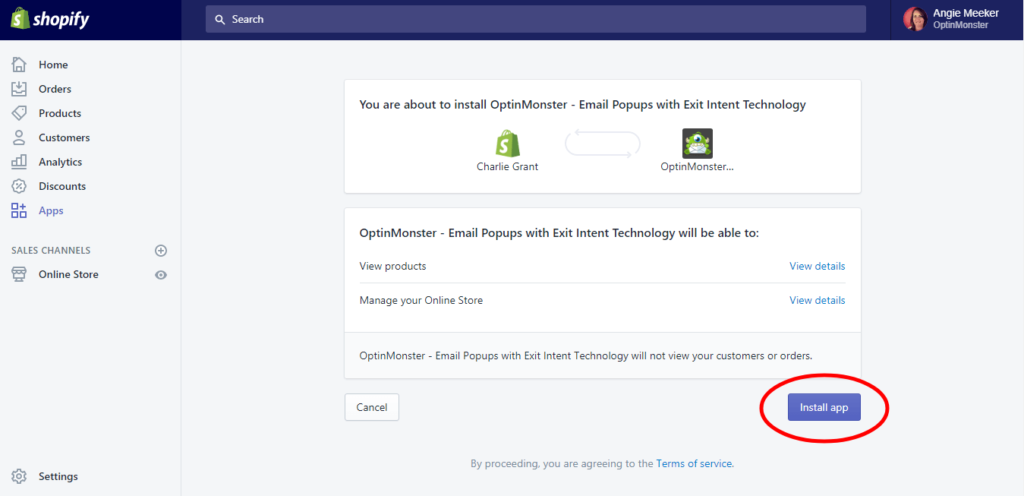 Authorize the OptinMonster app for your Shopify store