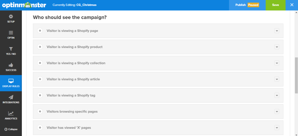 Shopify Display Rules in OptinMonster