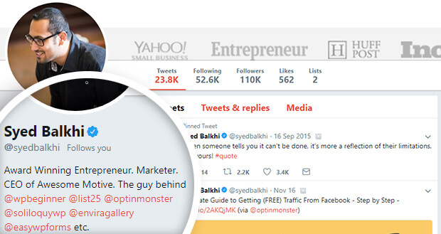 how syedbalkhi generates leads on twitter with bio links to his businesses