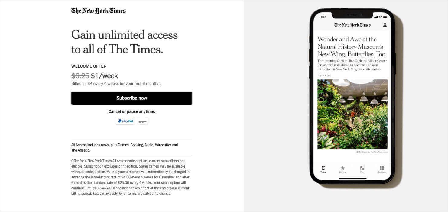 New York Times welcome price, offering full access for $1 a week for 6 months.