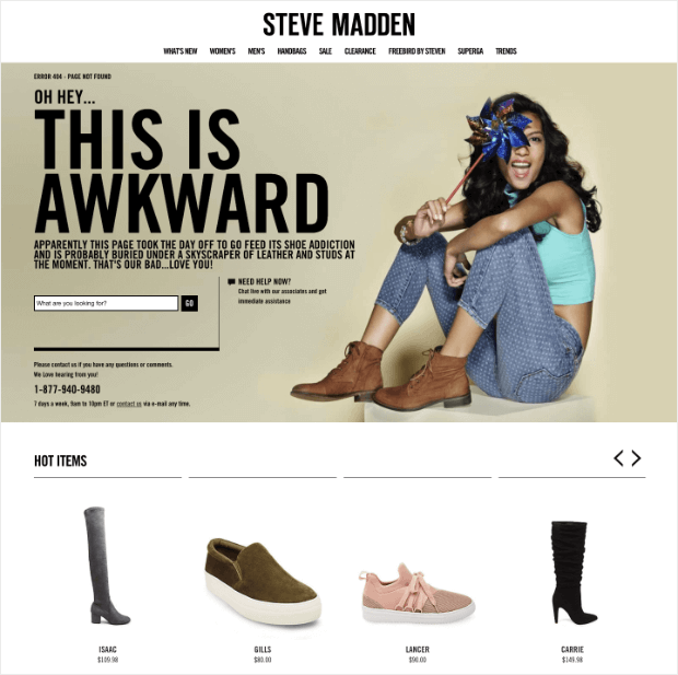 Steve Madden 404 error page. It says "Oh hey, this is awkward" along with more explanatory text. Then, there is a search bar, information for contacting customer support, and a gallery of popular products.