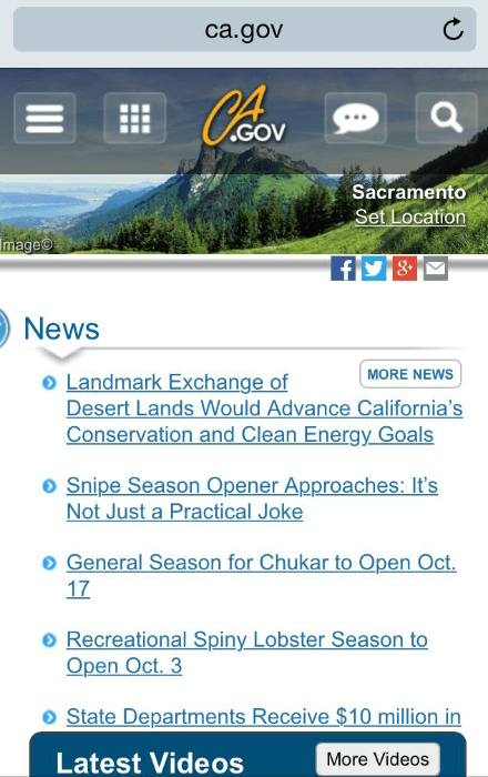 state of california mobile landing page single column
