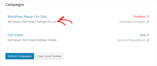 click go live to activate campaign on wordpress site