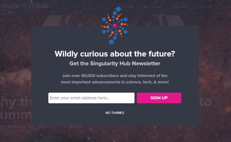 Singularity University captures abandoning visitors with an exit-intent campaign.