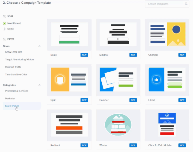 filter campaign templates by goal and category