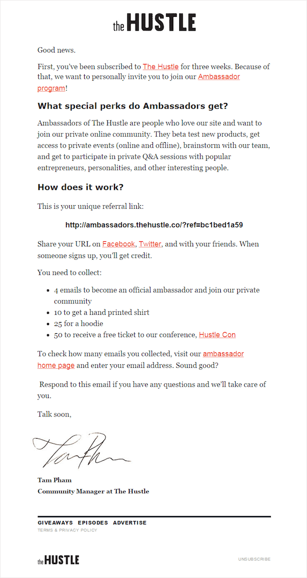 the hustle 3-week subscriber email