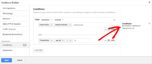 google analytics abandoned cart audience parameters