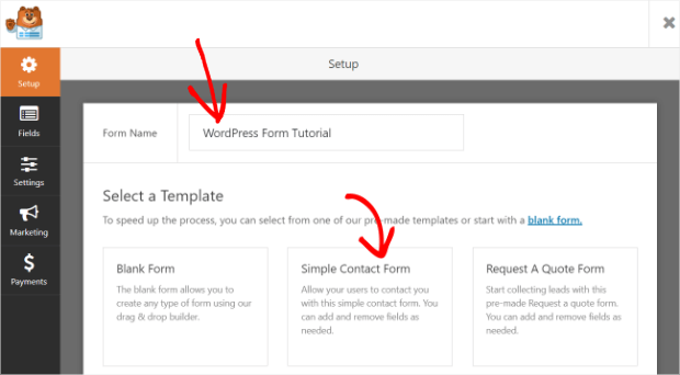 name your form and select the simple contact form template