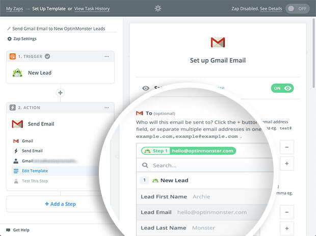 Select New Lead for your To field when configuring the Gmail template