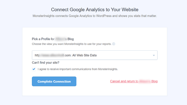 select website to connect to monsterinsights