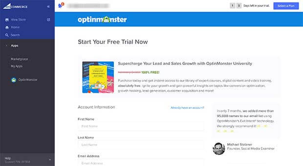 Create OptinMonster account through the BigCommerce app