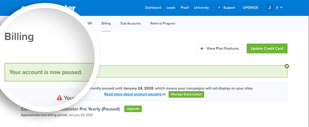 OptinMonster account paused notice