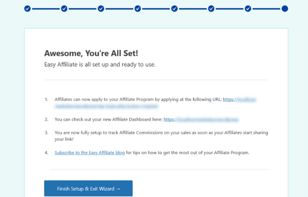 finish easy affiliate setup