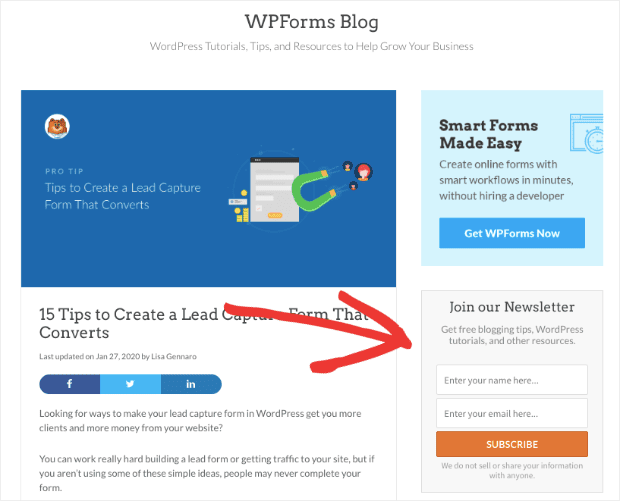 WPForm Sidebar Optin Form on blog homepage