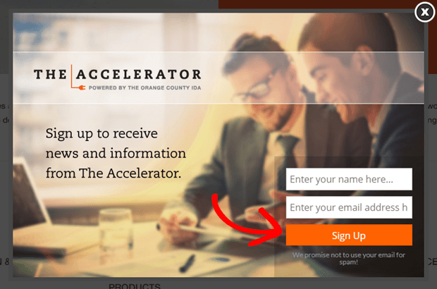 the accelerator uses orange buttons to draw attention to its call to action