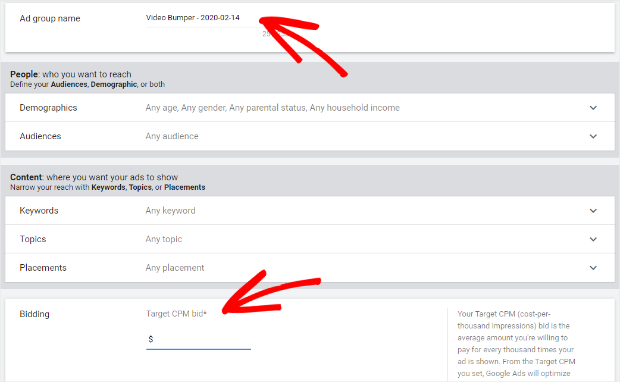 name your bumper ad group and enter your target cpm bid