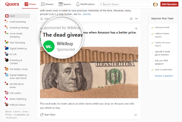 example of sponsored content on quora