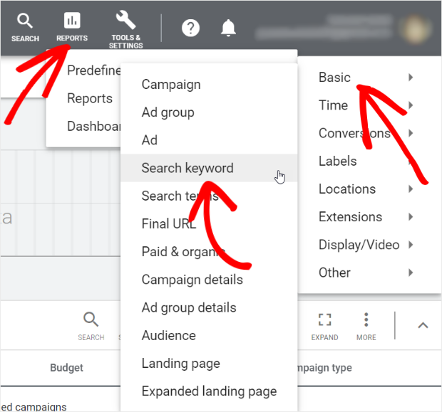 to analyze current search terms in google ads go to reports, predefined, search keyword, basic