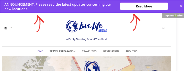 A welcome message floating bar that shows company updates. It says "ANNOUNCEMENT: Please read the latest updates concerning our new locations." There's a CTA button that says "Read More"