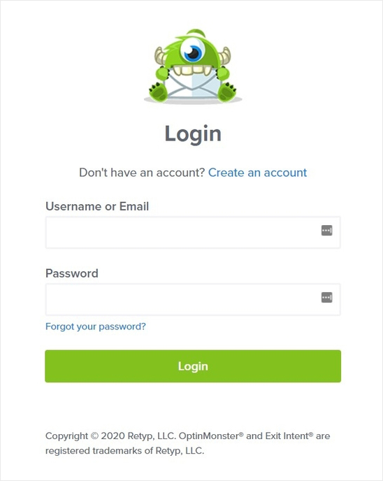 OptinMonster login screen