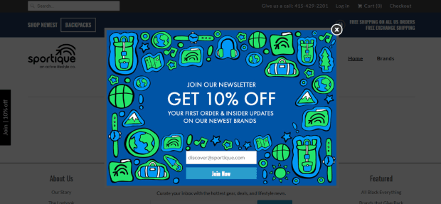 Sportique eCommerce popup example