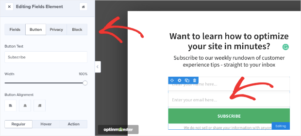 Modify the Button Field in OptinMonster editor