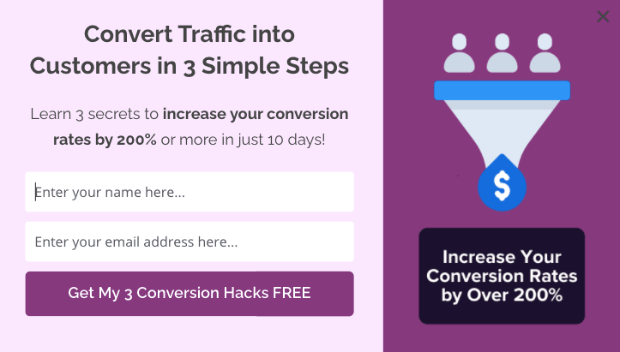 Contact email signup popup with a lead magnet. It says "Convert Traffic into Customer in 3 Simple Steps. Learn 3 secret to increase your conversion rates by 200& or more in just 10 day." Then here is an email optin form. Strong optin forms help you build your list for your affiliate email marketing campaign.