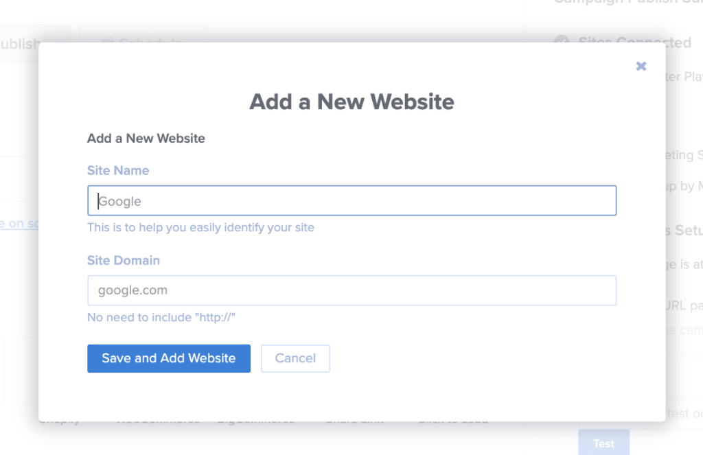 Add new website modal in the Publish view of the campaign builder.