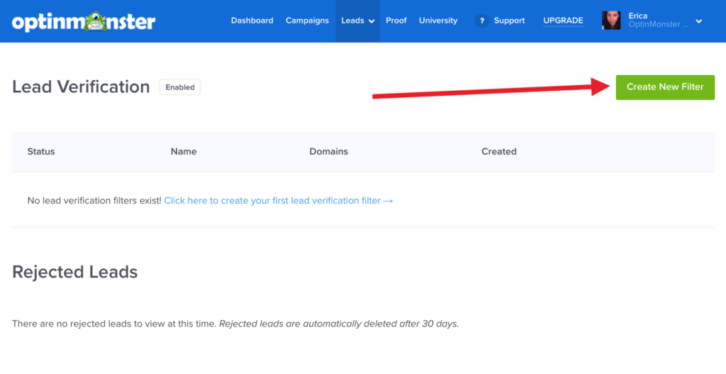 Create new Lead Verification Filter in OptinMonster.