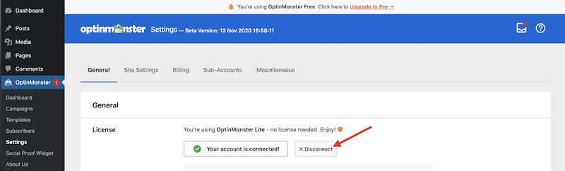 Visit Settings to disconnect OptinMonster