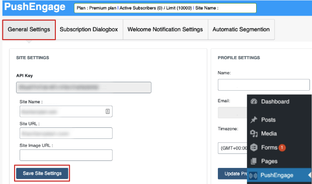 general settings pushengage dashboard