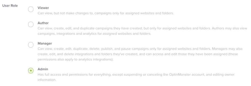 Admin Sub-Account User Role in OptinMonster