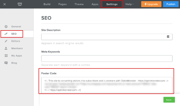 Add footer code in seo settings Weebly