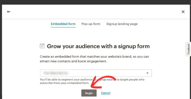 Begin creating sign up form in mailchimp