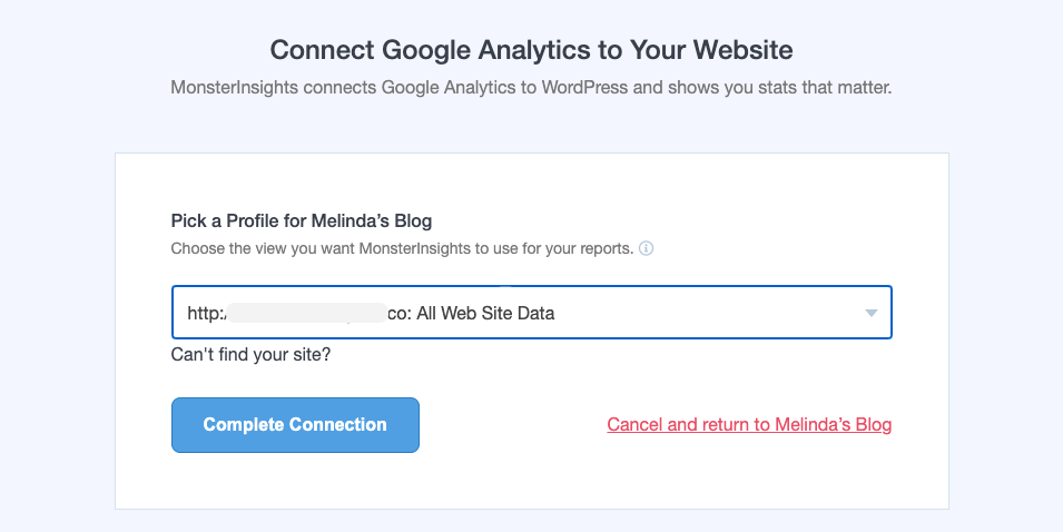 Complete connection in MonsterInsights