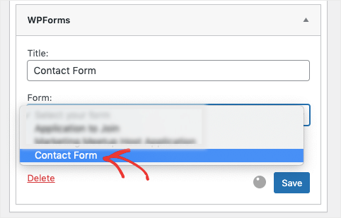 contact form from sidebar menu with wpforms