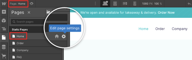 Edit page settings in Webflow