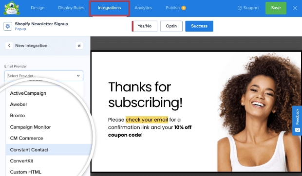Email integrations in OptinMonster