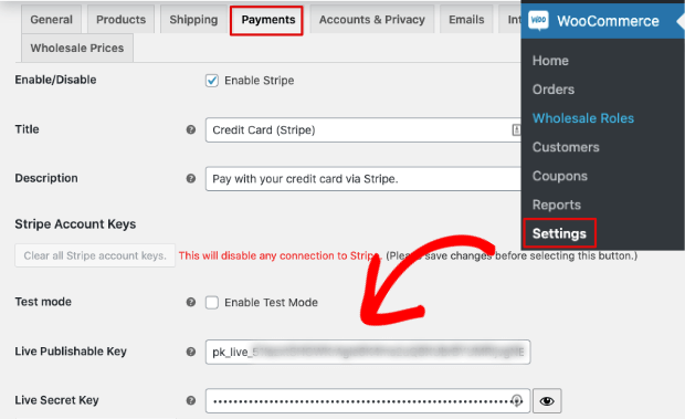 Enter api keys in stripe settings on wordpress