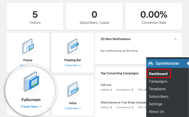 OptinMonster dashboard on wordpress