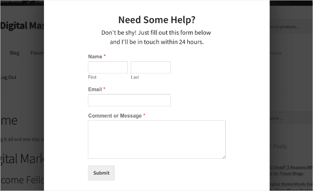 wpforms contact form in an optinmonster campaign demo