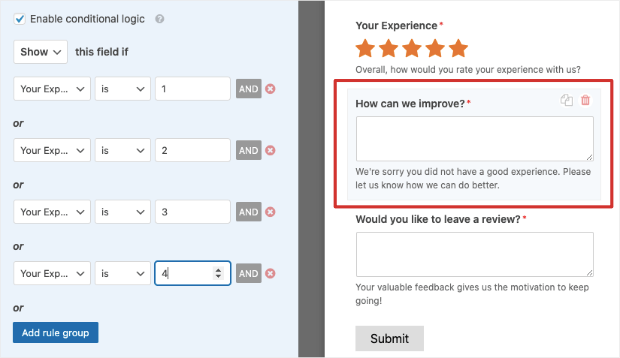 add conditional logic rules to customer feedback